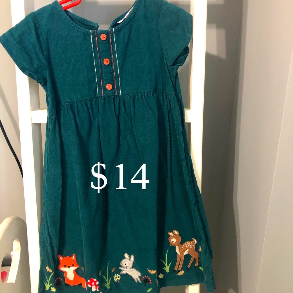 Toddler green dress with fox bunny deer